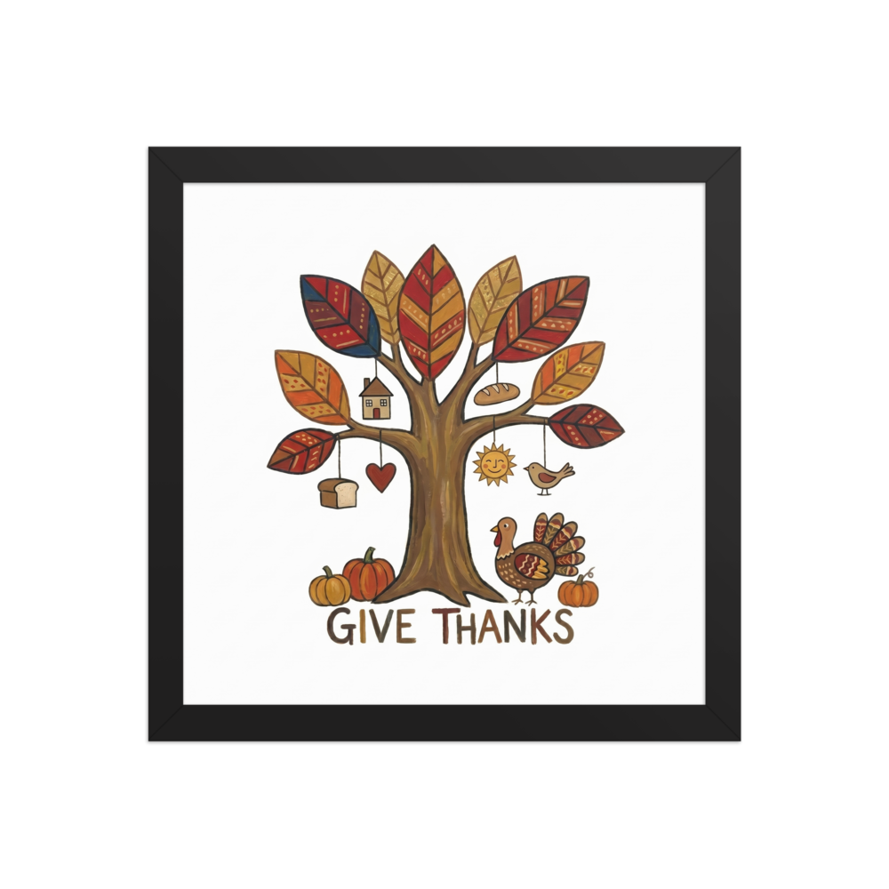 'Tree of Gratitude' — a Naive art print. A charming Naive Art illustration of a decorative autumn tree with patterned leaves, a turkey, pumpkins, and the text 'GIVE THANKS', suitable for an Entryway.