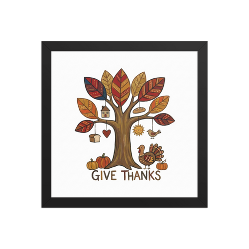 'Tree of Gratitude' — a Naive art print. A charming Naive Art illustration of a decorative autumn tree with patterned leaves, a turkey, pumpkins, and the text 'GIVE THANKS', suitable for an Entryway.
