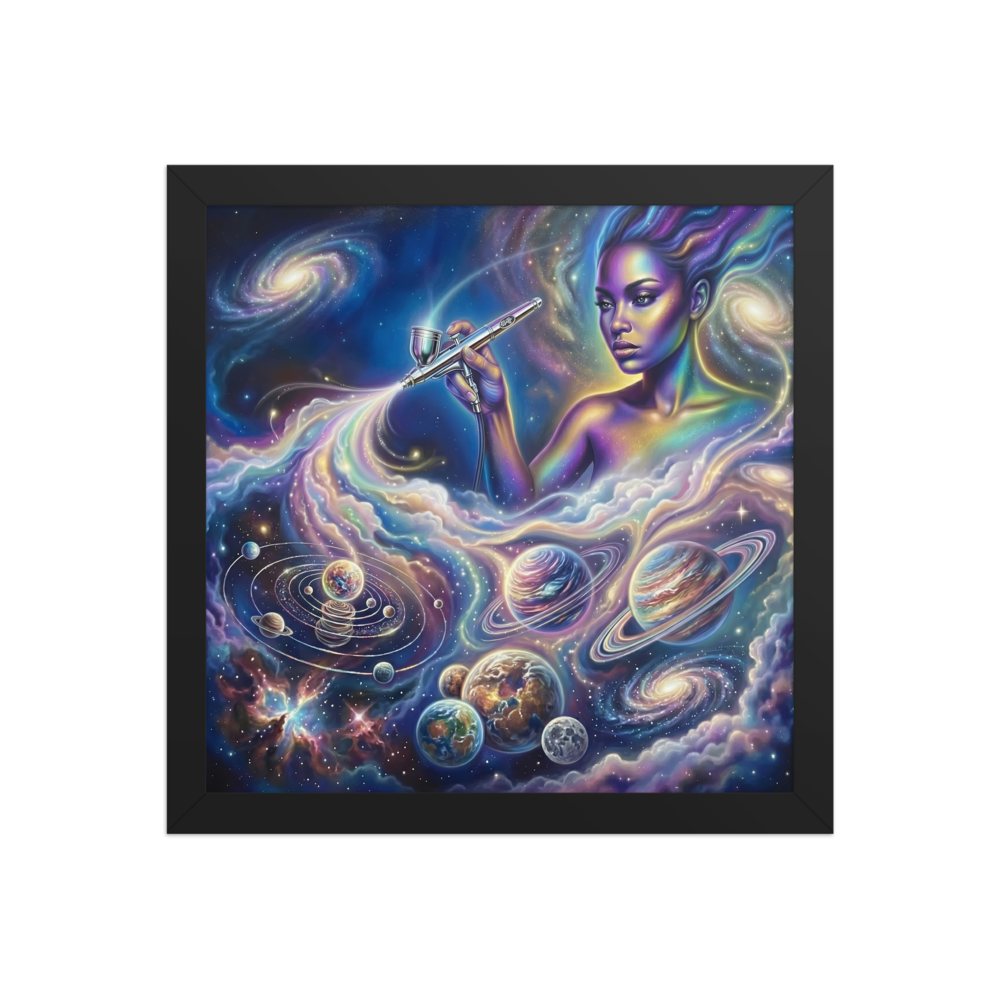 'The Cosmic Painter' — a Space art print. A glowing, ethereal woman painting planets and galaxies into a vibrant cosmic sky using an airbrush, a stunning focal point for a Bedroom.