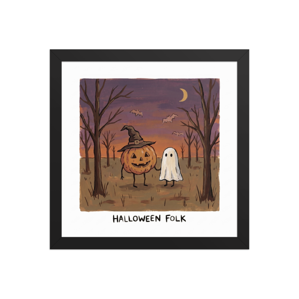 'Halloween Folk' — a Naive art print. A quaint Naive Art painting of a pumpkin character and a ghost holding hands in an autumn forest at dusk, a charming piece for a playful Game Room.