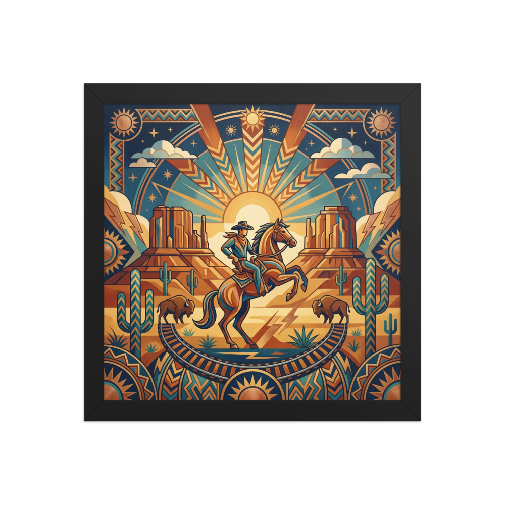 'The Deco Cowboy' — a Art Deco,Geometric abstract art print. A geometric Art Deco style illustration of a cowboy on a horse in a desert landscape with a sunburst, ideal for a living room.