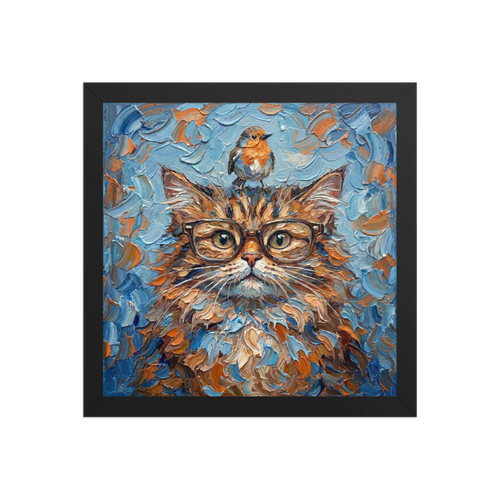 'The Scholar and the Songbird' — a Post-Impressionism print. A highly textured painting of a fluffy cat wearing glasses with a bird on its head, bringing a touch of whimsy to an office.