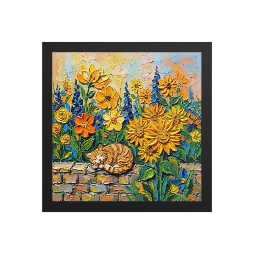 'Feline Slumber Among Sunflowers' — a Post-Impressionism print. A serene ginger cat sleeping on a brick wall amidst sunflowers and blue flowers, ideal for a cozy bedroom.