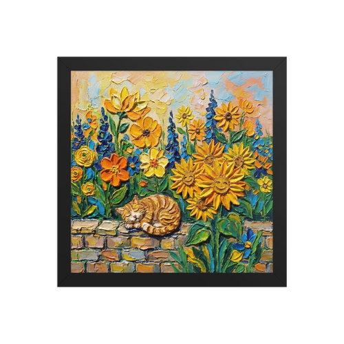 'Feline Slumber Among Sunflowers' — a Post-Impressionism print. A serene ginger cat sleeping on a brick wall amidst sunflowers and blue flowers, ideal for a cozy bedroom.