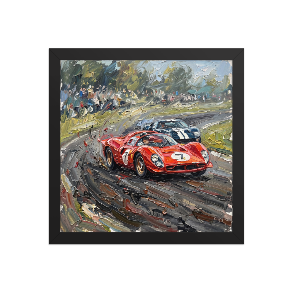 'Classic Velocity' — a Expressionism print. A dynamic impasto painting of classic race cars speeding down a track, an exciting addition to a game room.