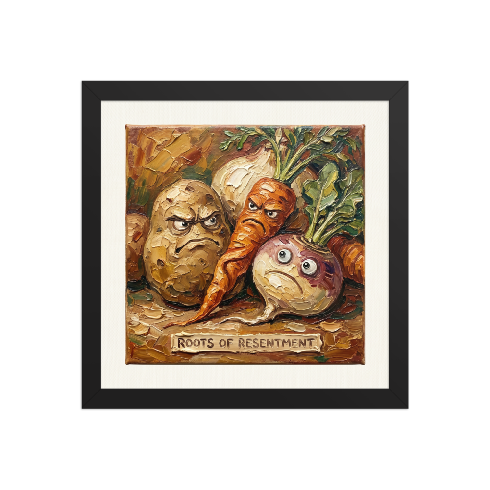 'Roots of Resentment' — a Pop art,Lowbrow print. Humorous impasto painting of angry root vegetables with a sign reading 'Roots of Resentment', perfect for a kitchen.
