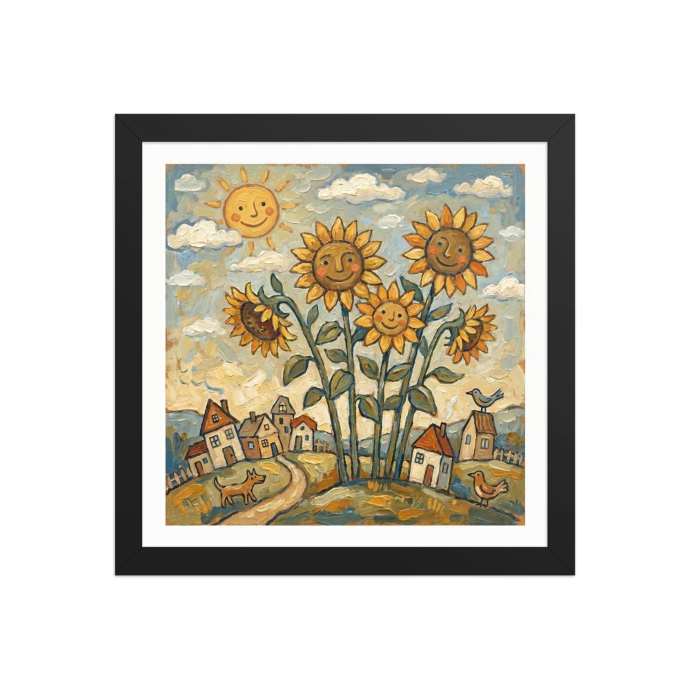 'Smiling Sunflowers' — a Naive art print. A cheerful Naive Art painting of tall smiling sunflowers growing near a small rustic village with a smiling sun, birds, and a dog, perfect for a sunny Kitchen.