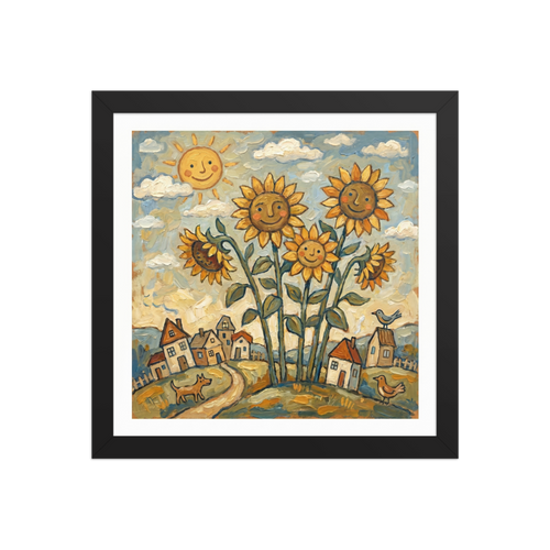 'Smiling Sunflowers' — a Naive art print. A cheerful Naive Art painting of tall smiling sunflowers growing near a small rustic village with a smiling sun, birds, and a dog, perfect for a sunny Kitchen.