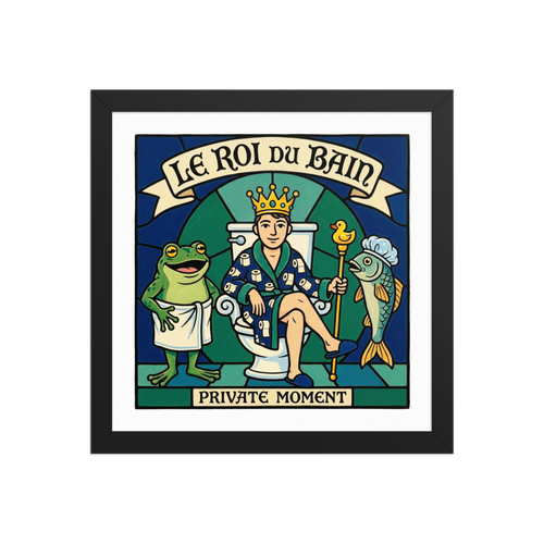 'Le Roi du Bain' — a Cloisonnism,Pop art print. A funny stained-glass style illustration of a man on a toilet wearing a crown and bathrobe, with a frog in a towel and a fish in a shower cap, titled Le Roi Du Bain.