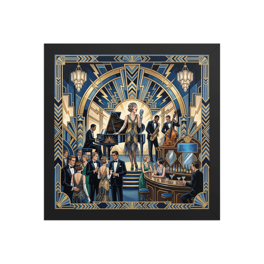 'The Jazz Age Symphony' — a Art Deco print. A glamorous Art Deco nightclub scene with a singer, jazz band, and elegant patrons, ideal for a Dining Room.