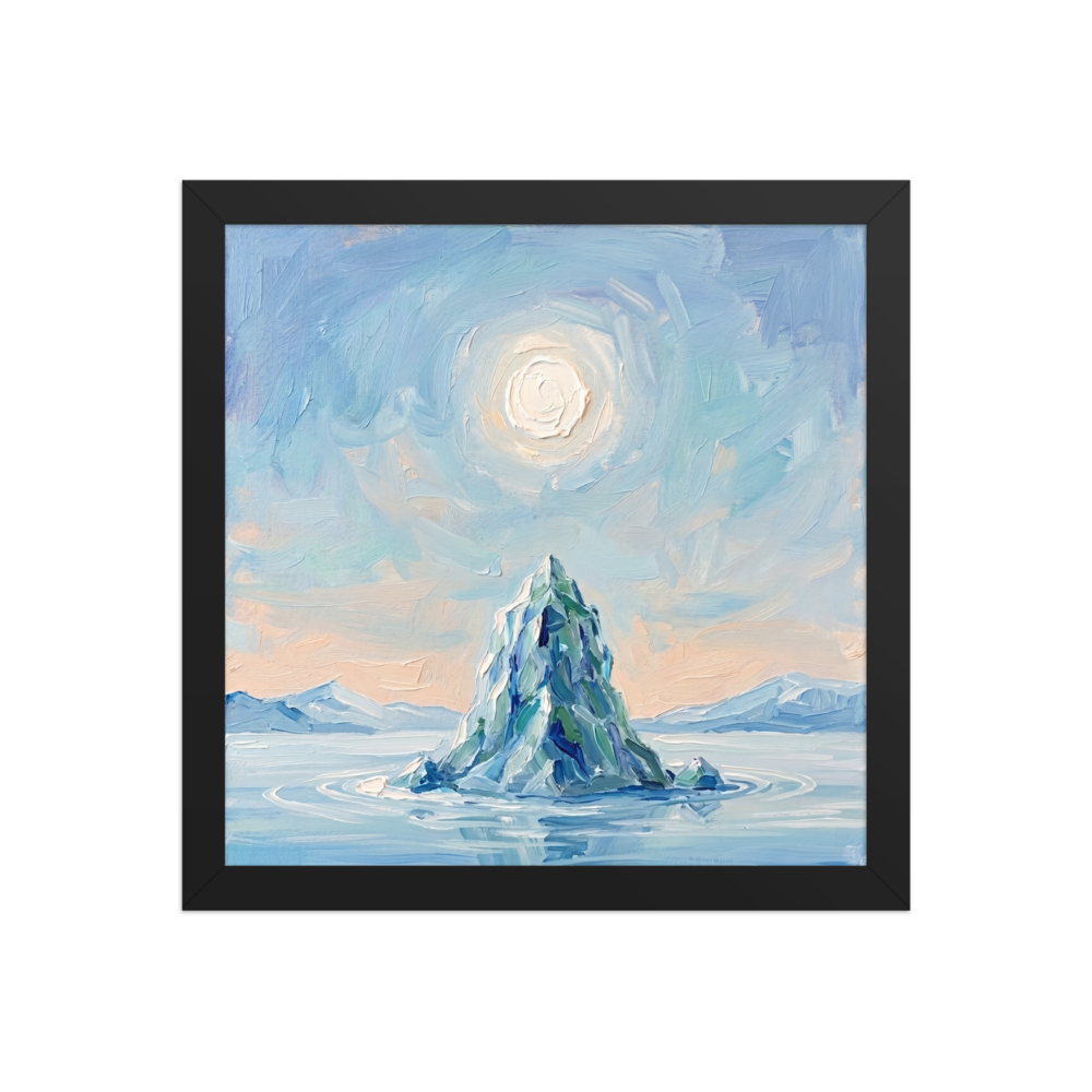 'Frozen Peak' — a Impressionism print. A heavily textured oil painting of an iceberg sitting in calm water under a glowing sun, perfect for a Bedroom or Bathroom.