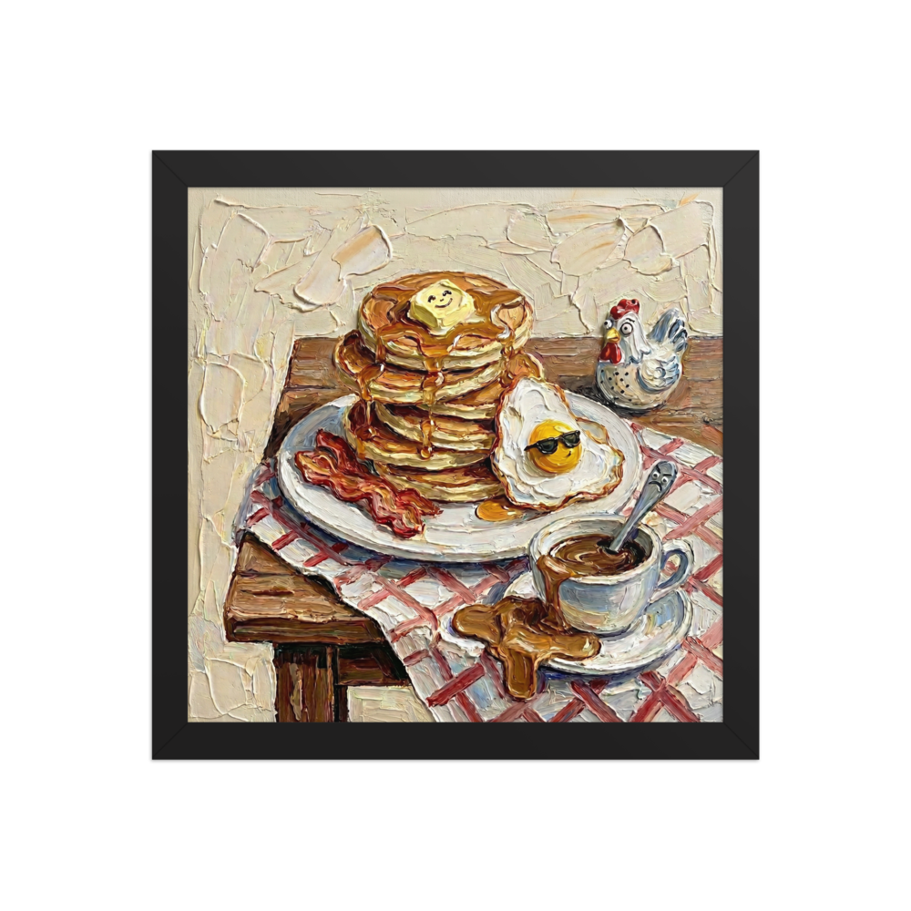 'A Hearty Morning' — a Expressionism print. An impasto painting of a breakfast table with pancakes, bacon, and coffee, ideal for a cheerful Kitchen.