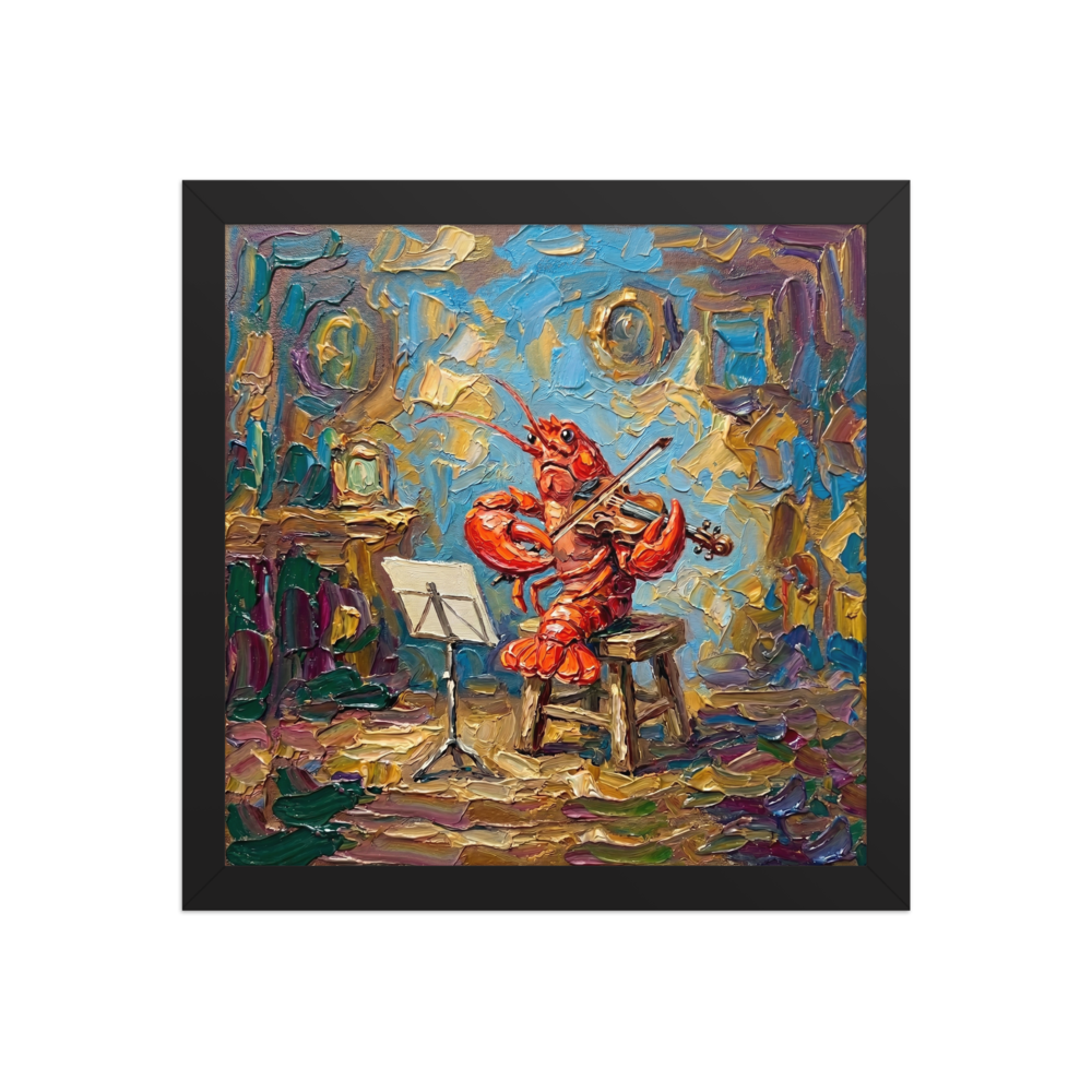 'The Maestro of the Deep' — a Expressionism print. An impasto oil painting of a red lobster playing the violin in a colorful room, perfect for a quirky Living Room.