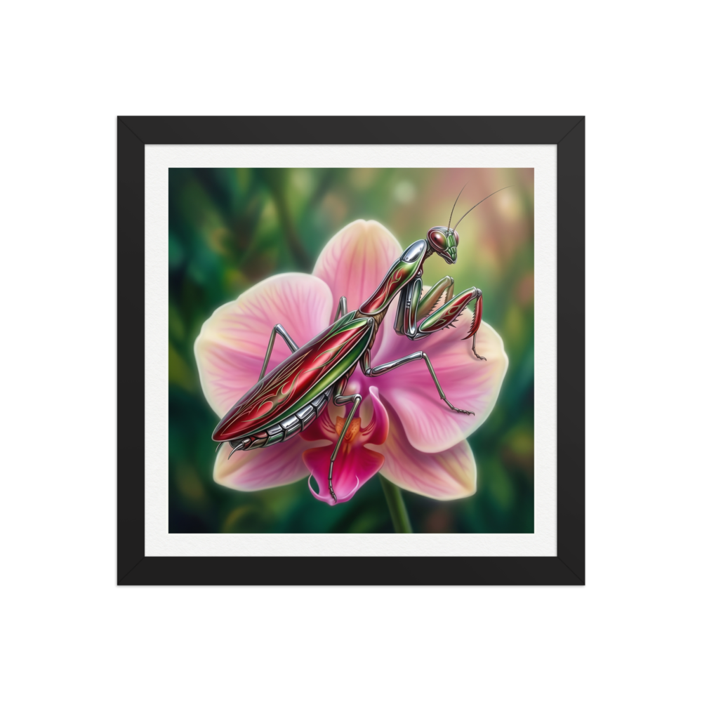 'Chrome Mantis' — a Surrealism print. A vibrant illustration of a metallic praying mantis painted like a hot rod in cherry red and chrome sitting on a pink orchid, perfect for a studio.