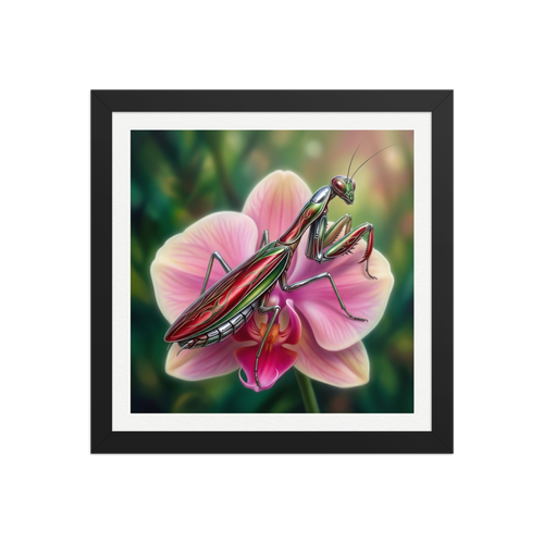 'Chrome Mantis' — a Surrealism print. A vibrant illustration of a metallic praying mantis painted like a hot rod in cherry red and chrome sitting on a pink orchid, perfect for a studio.