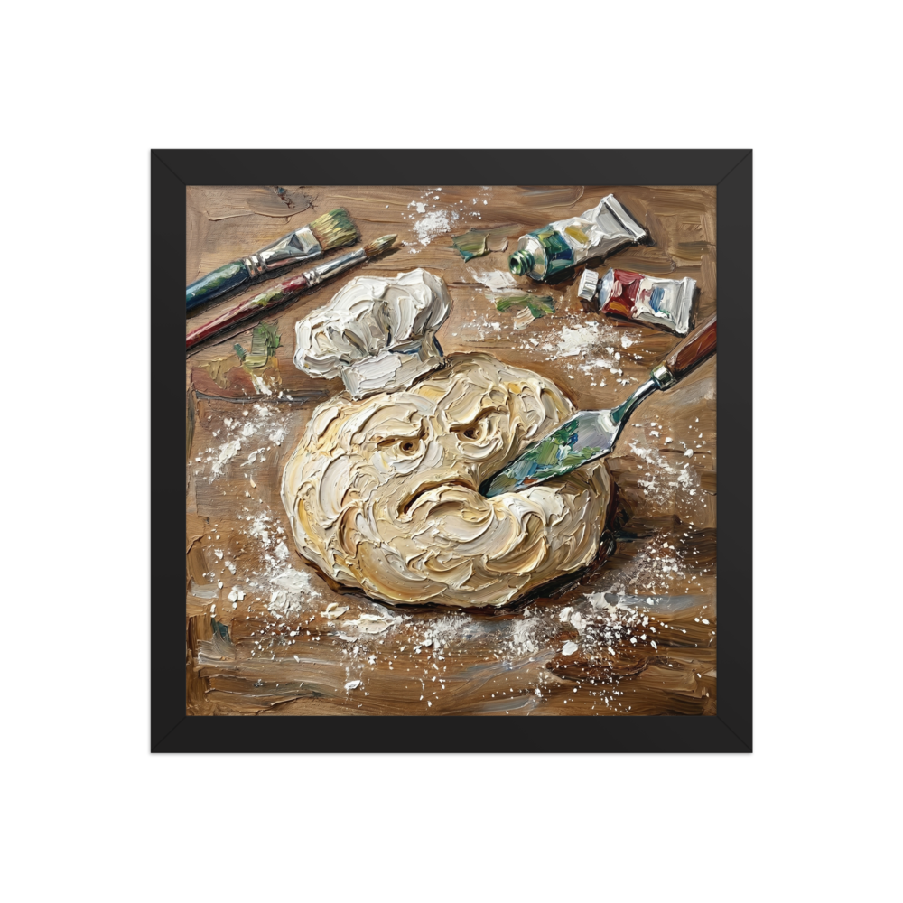'The Disgruntled Dough' — a Expressionism print. A textured oil painting of a grumpy piece of dough wearing a chef hat being cut by a palette knife, ideal for a kitchen or dining room.