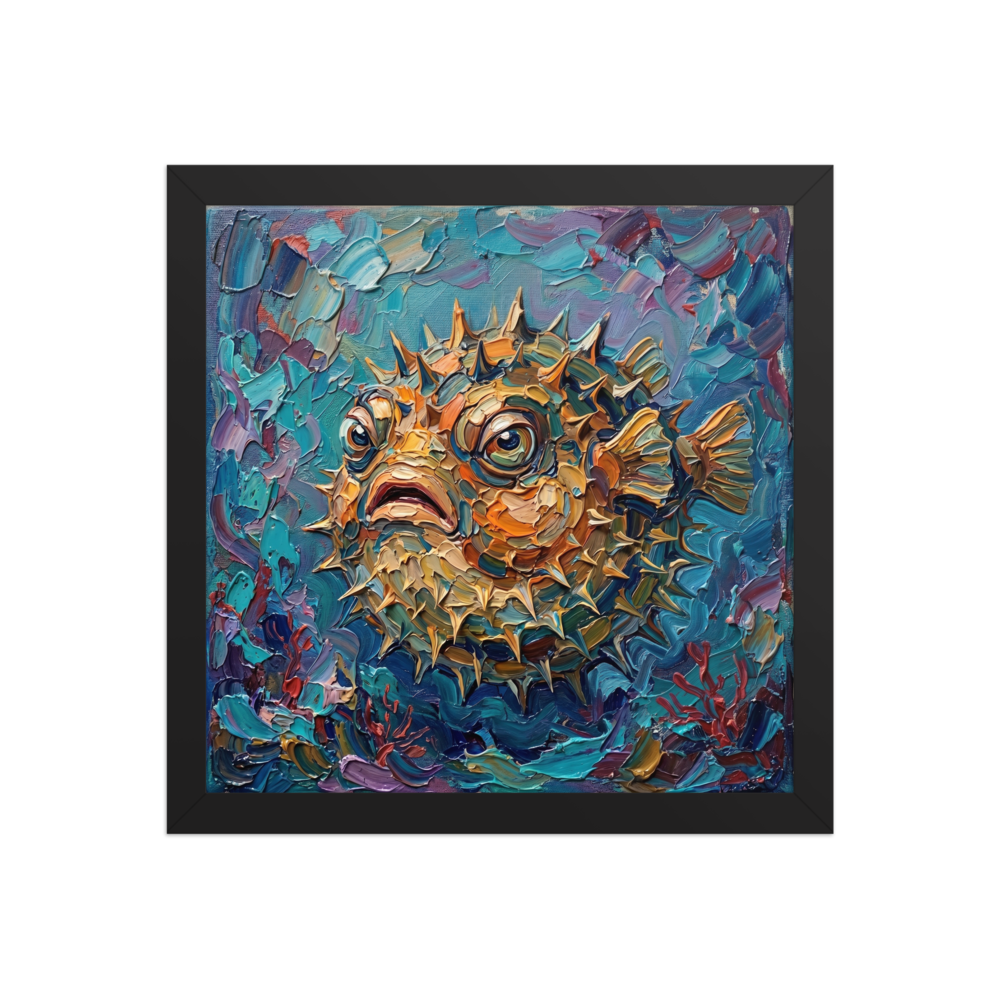 'The Prickly Puffer' — a Expressionism print. An impasto portrait of a spiky pufferfish swimming in vibrant blue waters, suited for an eclectic Bathroom.