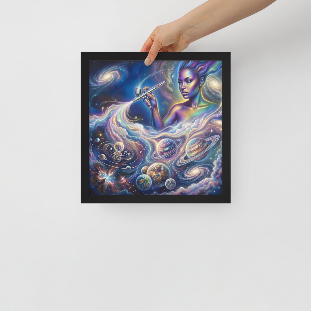 'The Cosmic Painter' — a Space art print. A glowing, ethereal woman painting planets and galaxies into a vibrant cosmic sky using an airbrush, a stunning focal point for a Bedroom.