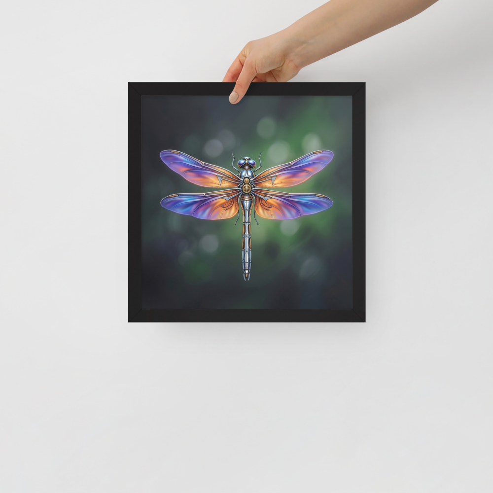 'Gears of the Dragonfly' — a Surrealism print. A highly detailed mechanical dragonfly with glowing purple and orange wings and brass gears on its back, set against a dark green background, perfect for a Living Room.