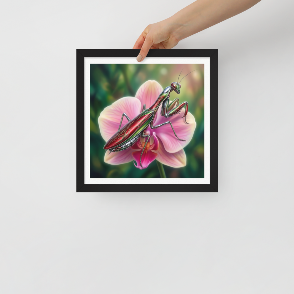 'Chrome Mantis' — a Surrealism print. A vibrant illustration of a metallic praying mantis painted like a hot rod in cherry red and chrome sitting on a pink orchid, perfect for a studio.
