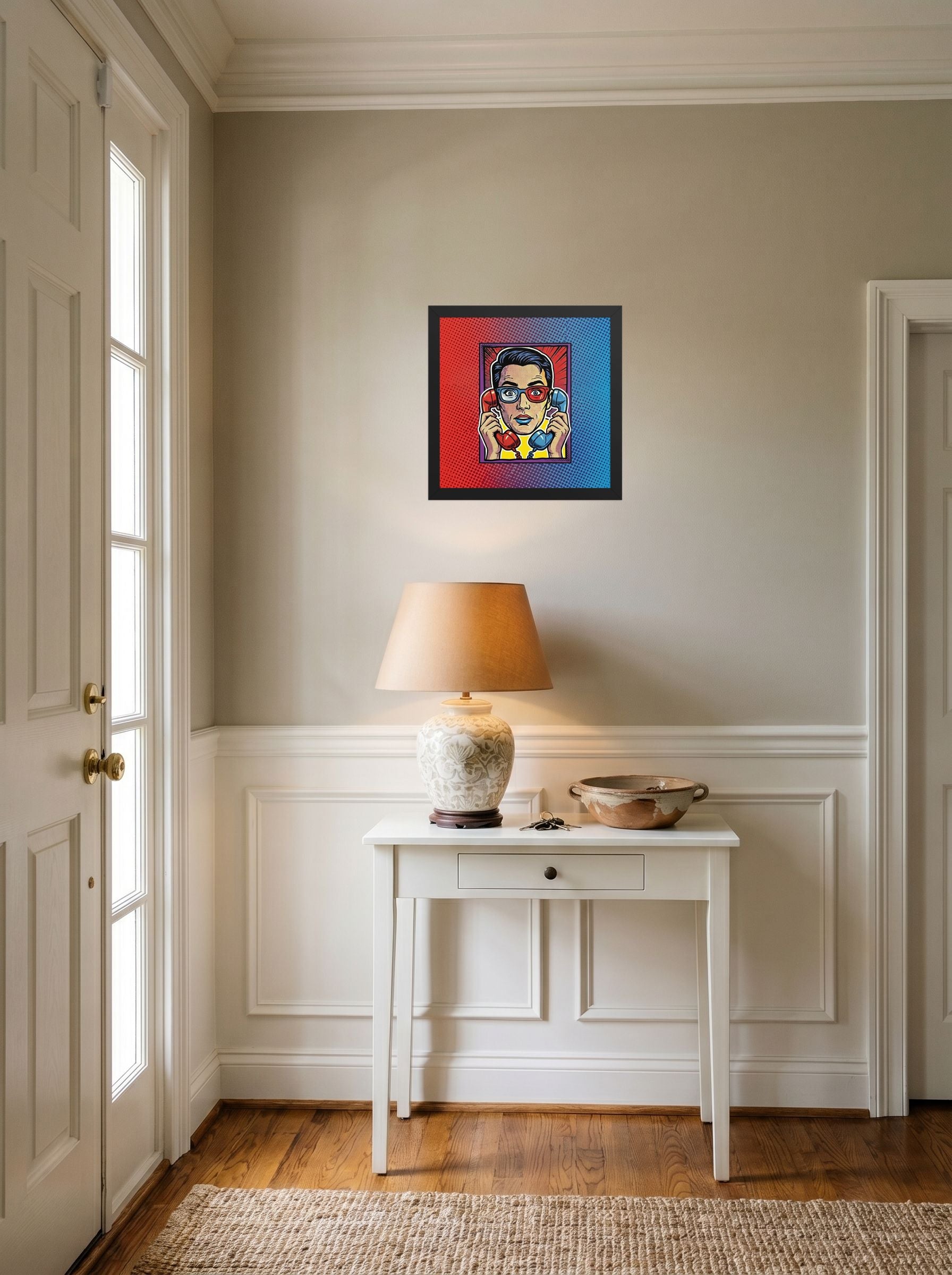 A 12x12 inch black framed Pop art print of 'Bipartisan Static' hanging in an entryway near a console.