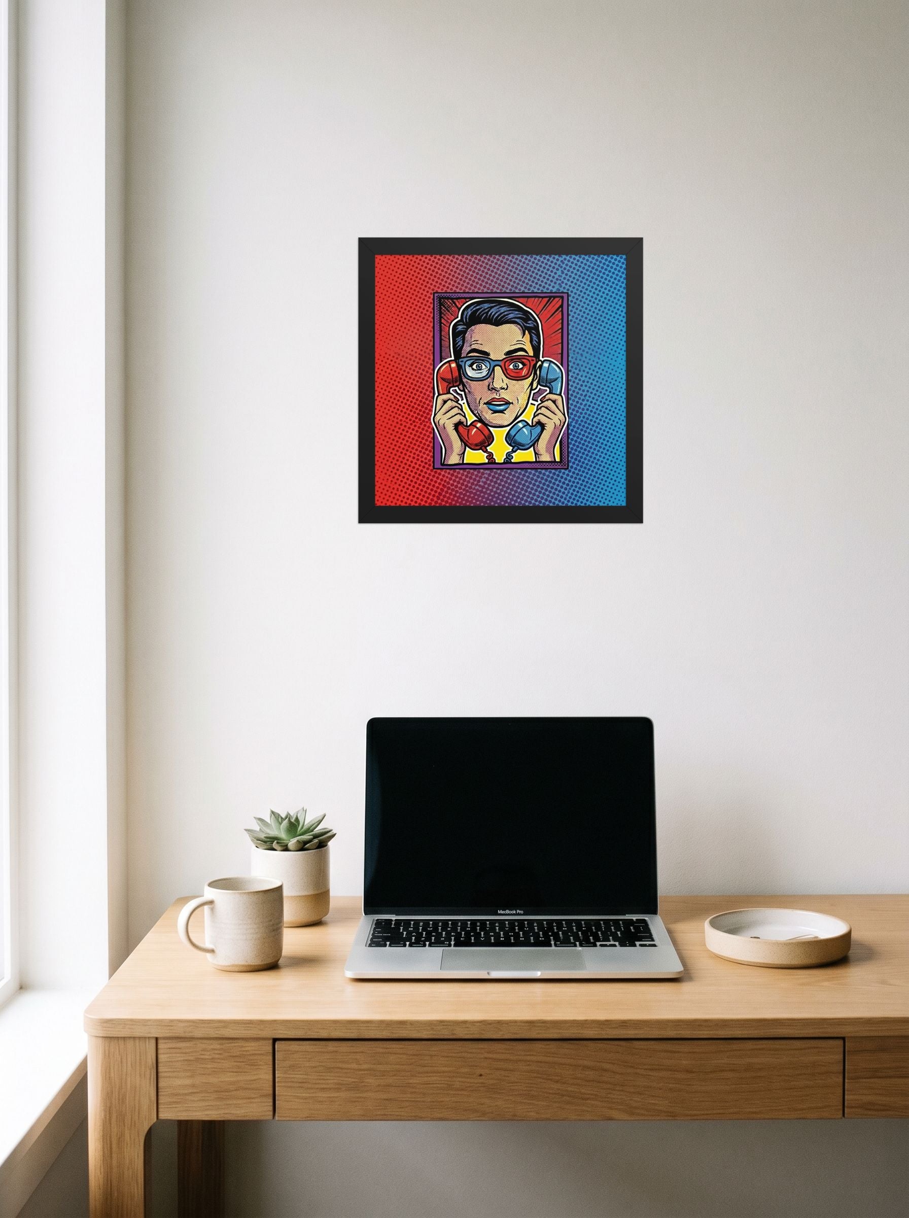 A 12x12 inch black framed Pop art print of 'Bipartisan Static' hanging above a worktable with a laptop.