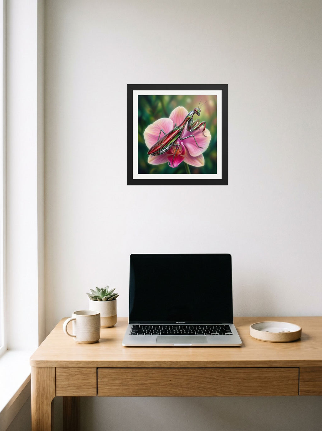 A 12x12 inch black framed Surrealism print of 'Chrome Mantis' hanging above a worktable with a laptop.