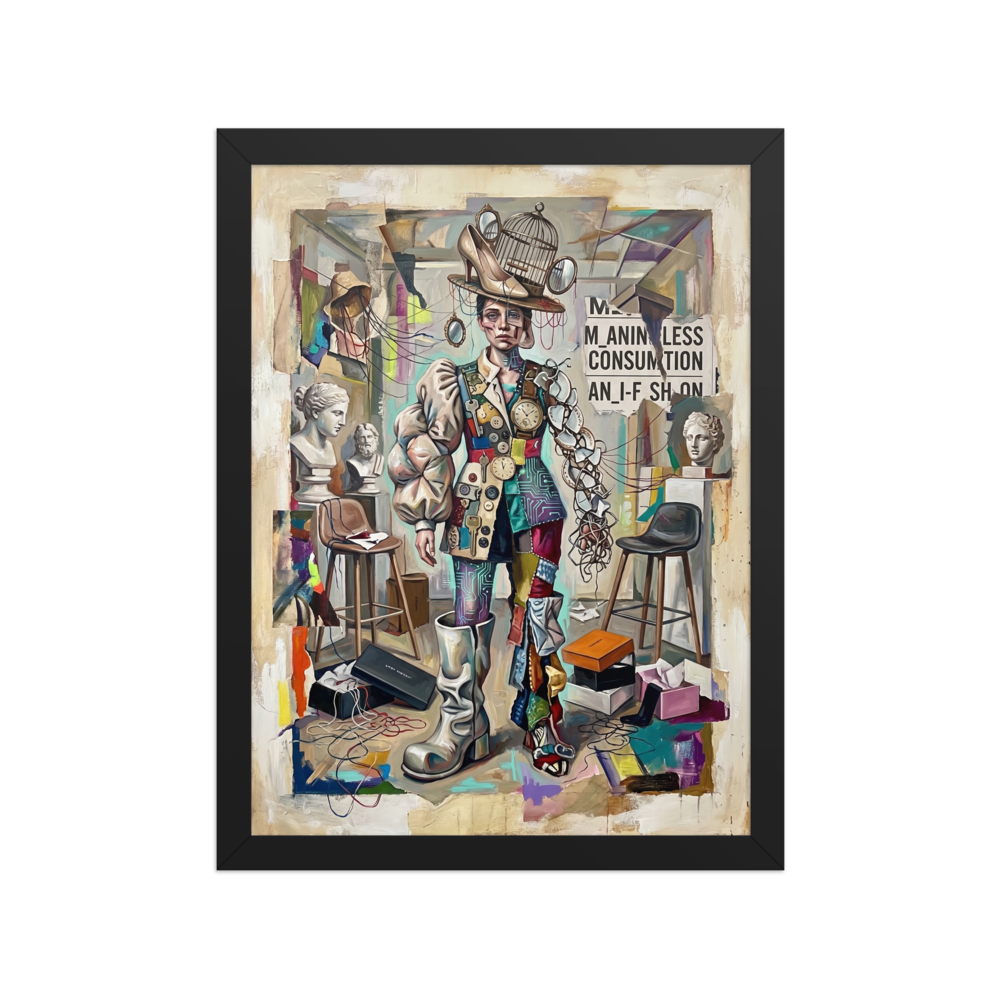 A surreal painting of a person wearing an outfit made of mismatched fabrics, clocks, buttons, and broken plates, with a birdcage and shoe on their head.