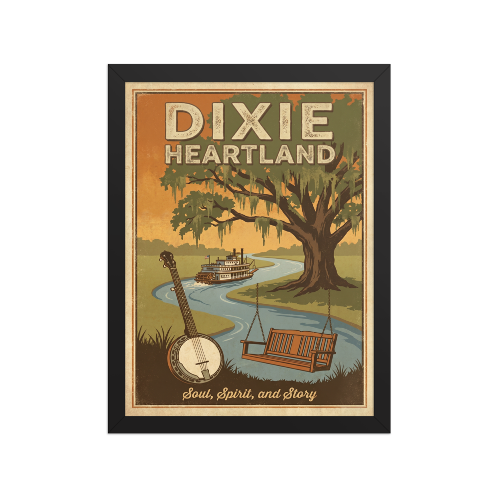'Southern Soul' — a Regionalism print. Vintage illustration titled Dixie Heartland featuring a steamboat, banjo, and porch swing by a tranquil river under an oak tree, perfect for a Living Room or Den.