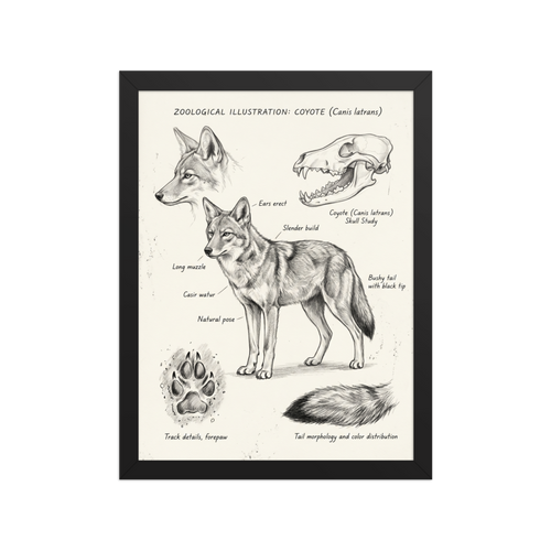 'Coyote Zoological Study' — a Academic art,Realism print. Detailed illustration of a coyote with anatomical details of its skull, tail, and paw prints.