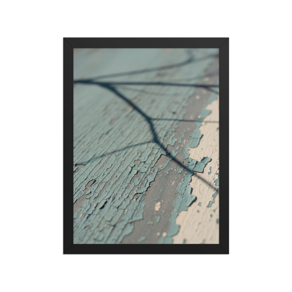 'Fading Blue' — a Art photography print. A close-up photograph of peeling light blue paint on weathered wood with a sharp shadow of a tree branch, suitable for a cozy Sunroom or Bedroom.