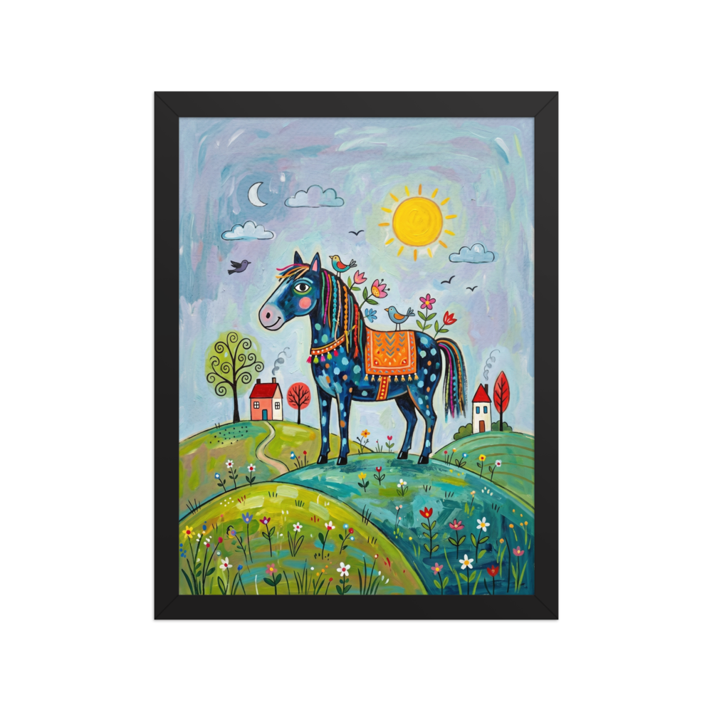 'The Starlit Steed' — a Naive art print. A decorative blue horse with braided mane standing on green hills under a sun and moon, perfect for a cozy bedroom or nursery.