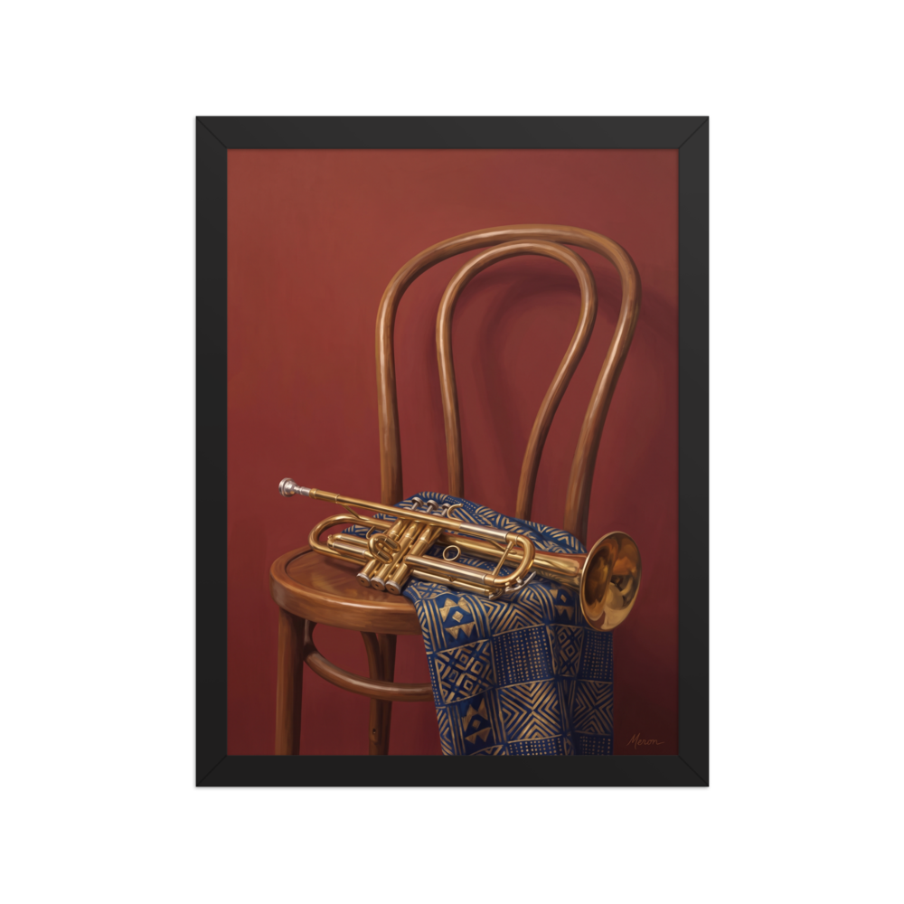 'Brass and Indigo' — a Realism,Modernism print. An oil painting still life featuring a golden trumpet on a wooden chair draped with a blue and gold geometric textile against a deep red wall, perfect for a music room or lounge.