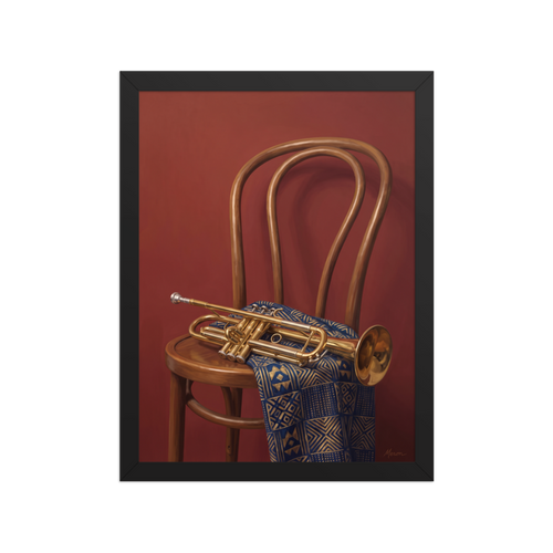 'Brass and Indigo' — a Realism,Modernism print. An oil painting still life featuring a golden trumpet on a wooden chair draped with a blue and gold geometric textile against a deep red wall, perfect for a music room or lounge.