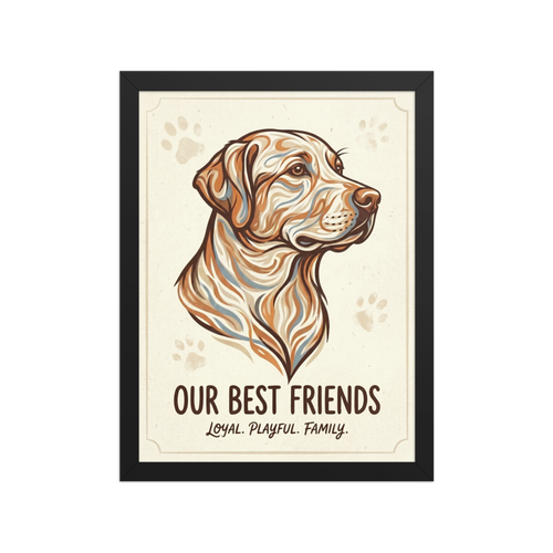 'Loyal Companion' — a Digital art,Modernism print. A stylized portrait of a dog created with flowing lines and warm colors alongside the text 'Our Best Friends', a great addition to a Living Room.