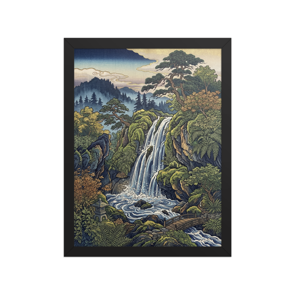 'Hidden Falls' — a Ukiyo-e print. A Japanese Ukiyo-e style illustration of a waterfall, pine trees, and a wooden bridge, perfect for a Living Room.