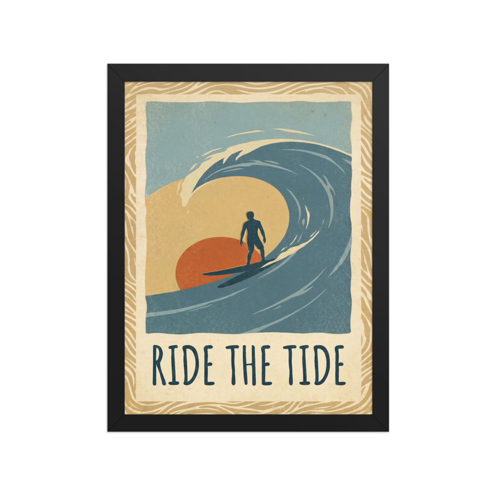 'Ride the Tide' — a Pop art,Digital art print. A vintage illustration of a surfer riding a large wave against a warm sunset with the text 'Ride The Tide', a nostalgic piece for a Living Room.