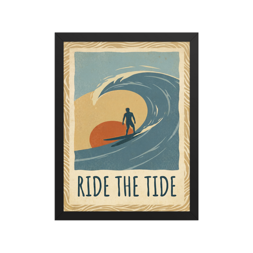 'Ride the Tide' — a Pop art,Digital art print. A vintage illustration of a surfer riding a large wave against a warm sunset with the text 'Ride The Tide', a nostalgic piece for a Living Room.