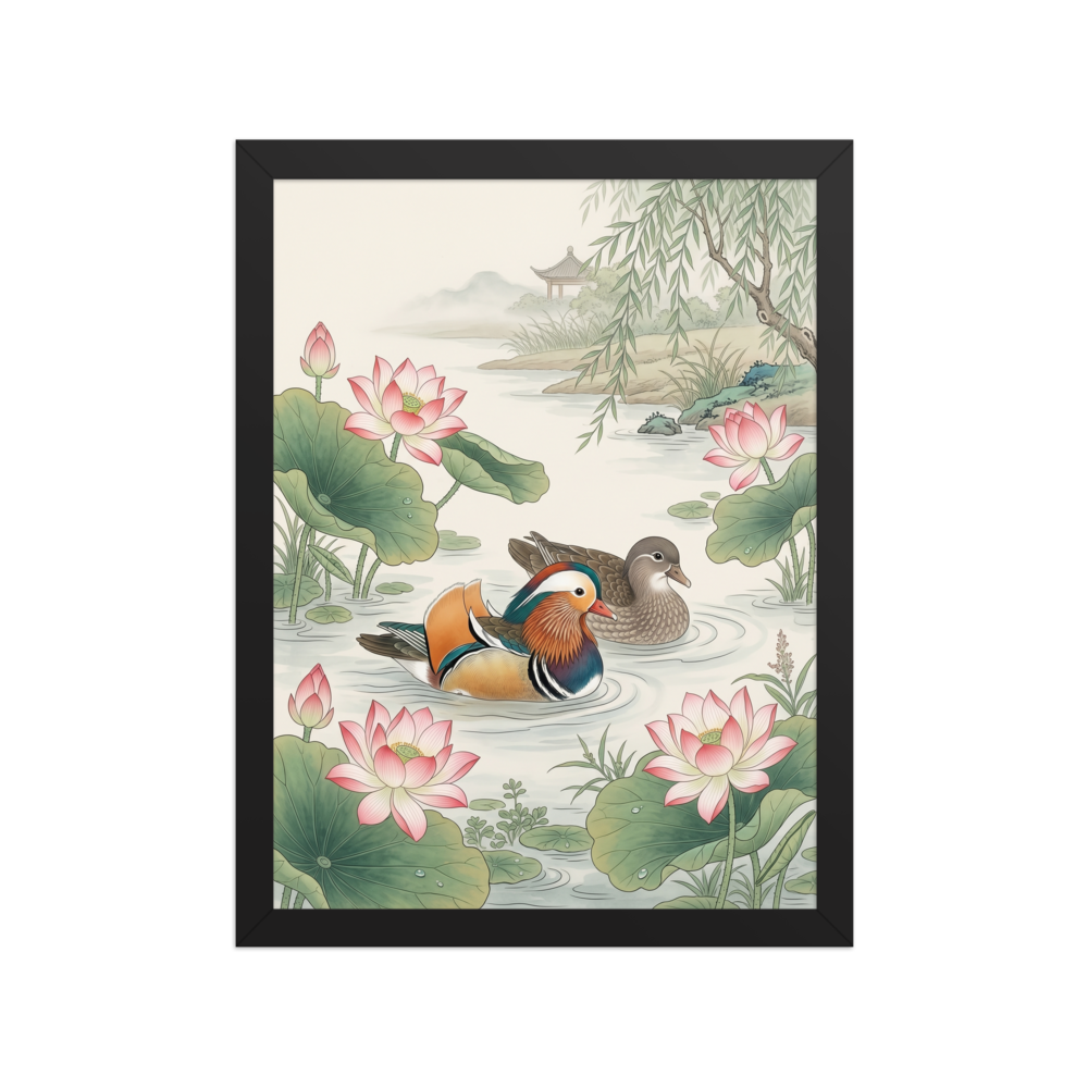 A traditional Chinese Gongbi style painting showing two mandarin ducks swimming among pink blooming lotus flowers and large green leaves, with a willow tree and distant pavilion in the misty background.