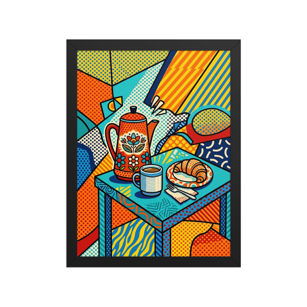'Morning Halftone' — a Pop art,Cubism print. A vivid pop art still life featuring a floral coffee pot, mug, and croissant on a table, styled with halftone patterns for a modern kitchen.