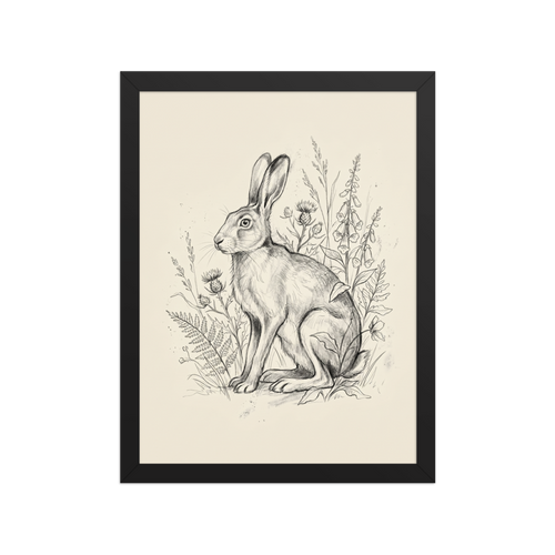 'Hare in the Thistles Sketch' — a Realism print. Pencil sketch of a hare sitting among ferns and thistles.