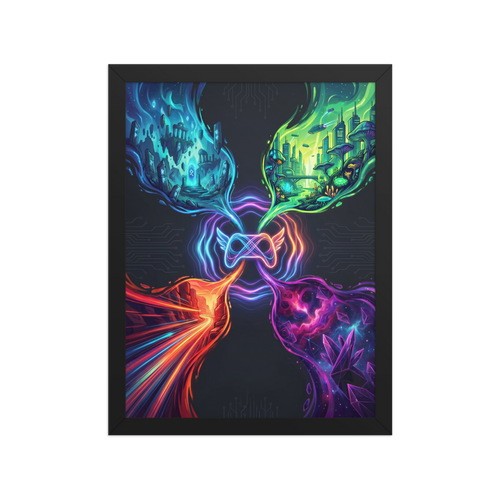 'Infinite Realms of Play' — a Digital art,Surrealism print. A glowing game controller with an infinity symbol connects to four unique worlds: ruins, sci-fi city, fiery canyon, and crystal galaxy, perfect for a lively Game Room.