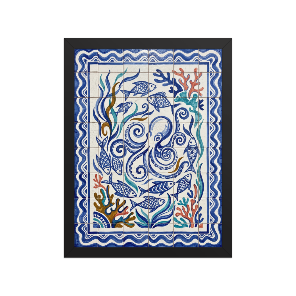 'Oceanic Swirl' — a Folk art print. A playful and colorful azulejo tile artwork featuring an octopus, fish, and coral, ideal for a bright Bathroom.
