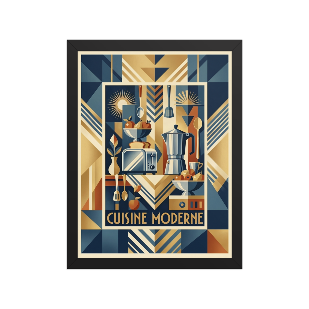 'Cuisine Moderne' — a Art Deco print. A bold, geometric still life featuring a toaster and coffee maker in striking shapes and colors, perfect for a kitchen or dining room.