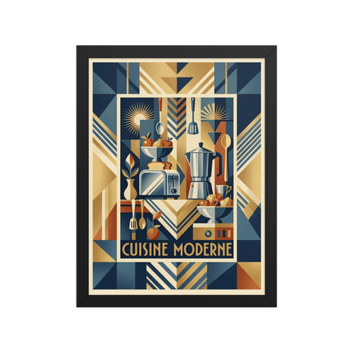 'Cuisine Moderne' — a Art Deco print. A bold, geometric still life featuring a toaster and coffee maker in striking shapes and colors, perfect for a kitchen or dining room.