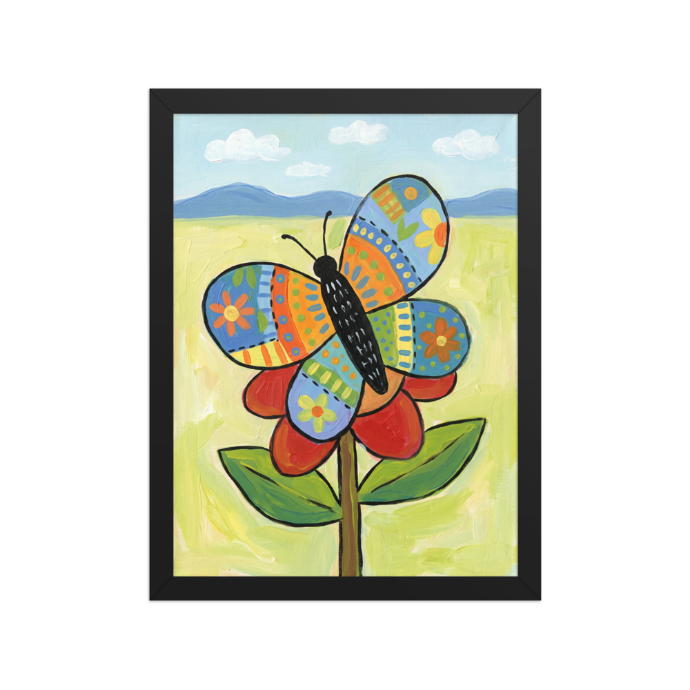 'The Patchwork Butterfly' — a Naive art print. A colorful, patchwork-style butterfly resting on a red flower in a bright meadow, perfect for a cheerful nursery or sunroom.