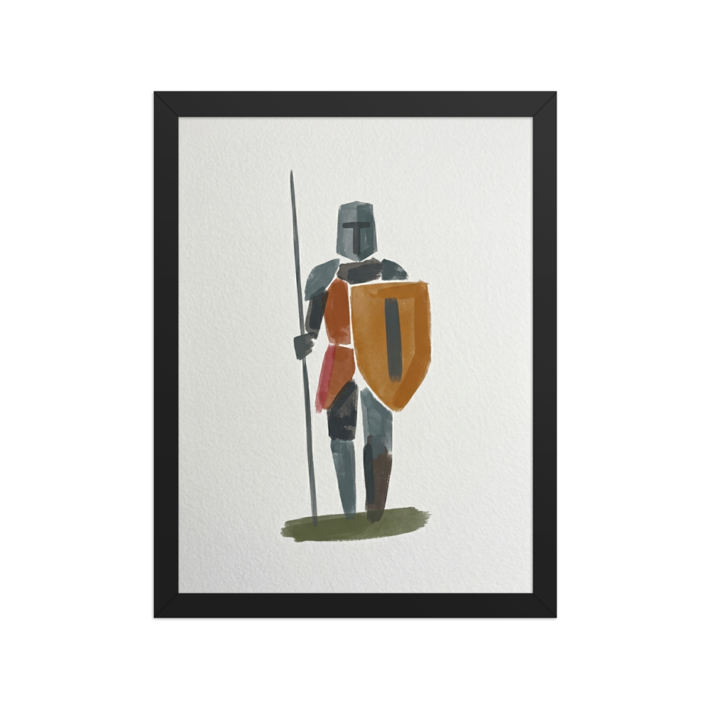 'Abstract Guardian' — a Minimalism print. An abstract minimalist painting of a knight with a shield and spear on a white textured background, great for a modern Entryway or Office.