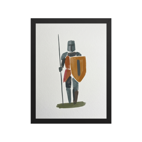 'Abstract Guardian' — a Minimalism print. An abstract minimalist painting of a knight with a shield and spear on a white textured background, great for a modern Entryway or Office.