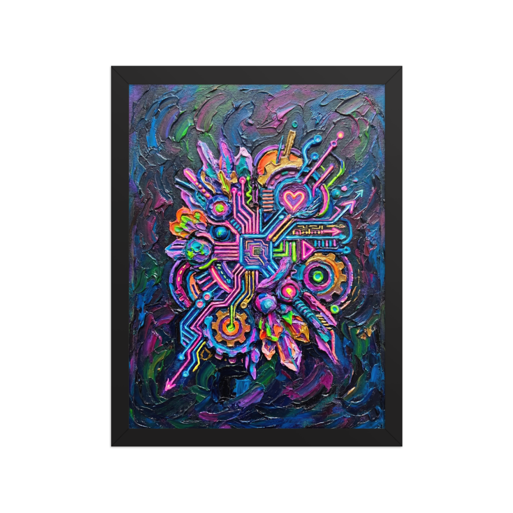 'Neon Circuit Heart' — a Modernism print. A vibrant abstract impasto painting featuring a glowing neon heart surrounded by intricate circuit board patterns in bright pink, blue, green, and gold against a dark background, ideal for a game room or office.