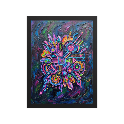 'Neon Circuit Heart' — a Modernism print. A vibrant abstract impasto painting featuring a glowing neon heart surrounded by intricate circuit board patterns in bright pink, blue, green, and gold against a dark background, ideal for a game room or office.